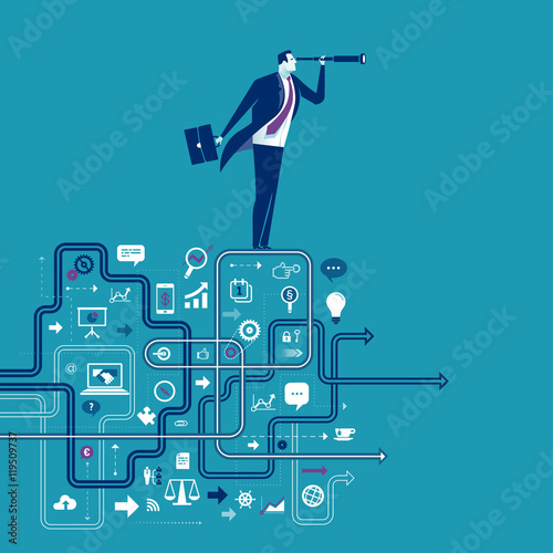 Business Expectations. Illustration of businessman standing on edge of the business structure looking through spy-glass. Business concept vector  illustration