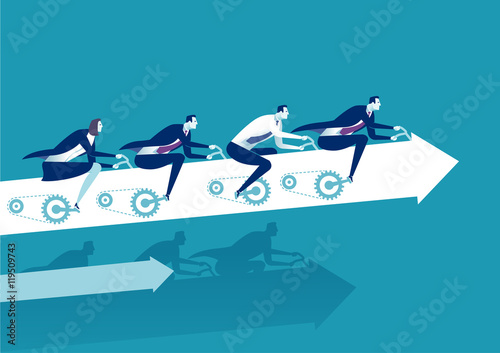 Teamwork. Business people pedaling upwards the arrow sign. Business concept vector illustration