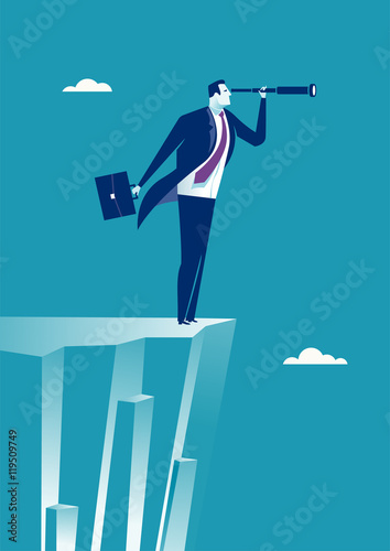 On the Edge. Illustration of businessman standing  on cliff edge looking through spy-glass. Business concept illustration