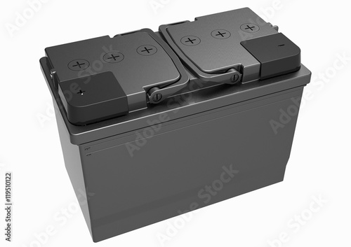 3D black truck battery with handles on white with black terminal covers