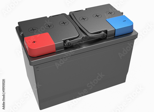 3D black truck battery with handles on white with red and blue terminal covers