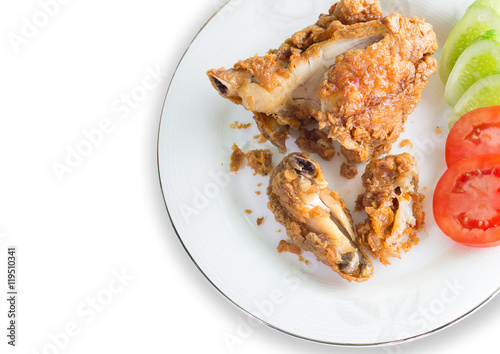 Chicken fried and vegetable in white dish isolated on white background 
