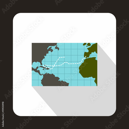 Christopher Columbus voyage map icon in flat style isolated with long shadow