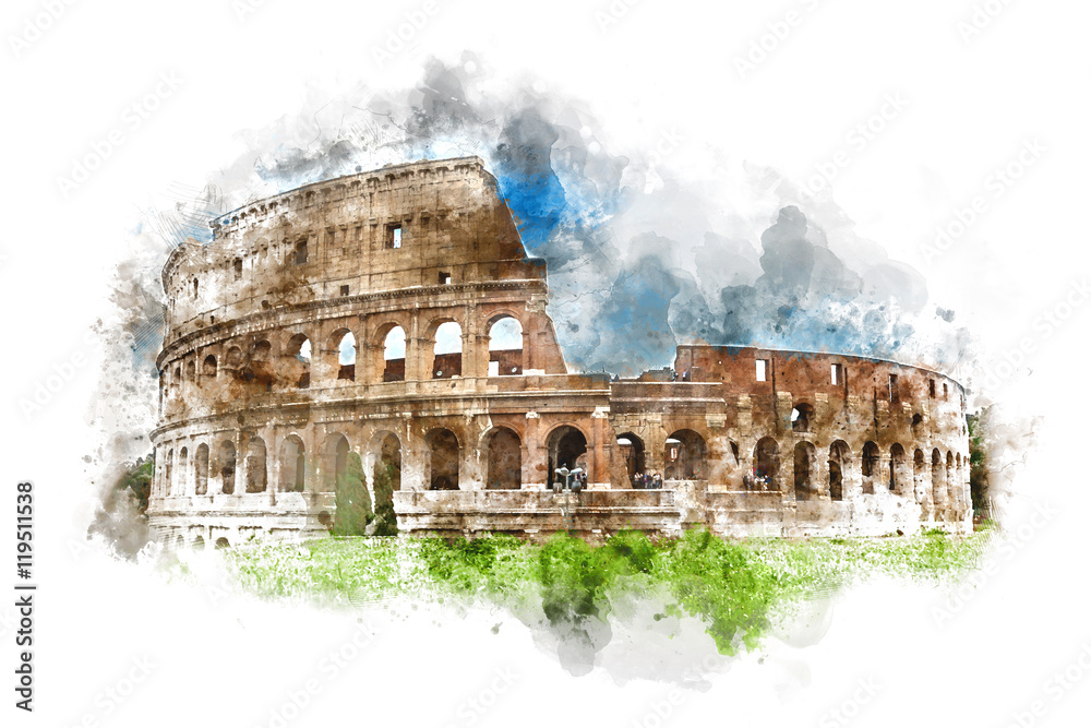 Naklejka premium Akwarela przedstawiająca Koloseum w Rzymie