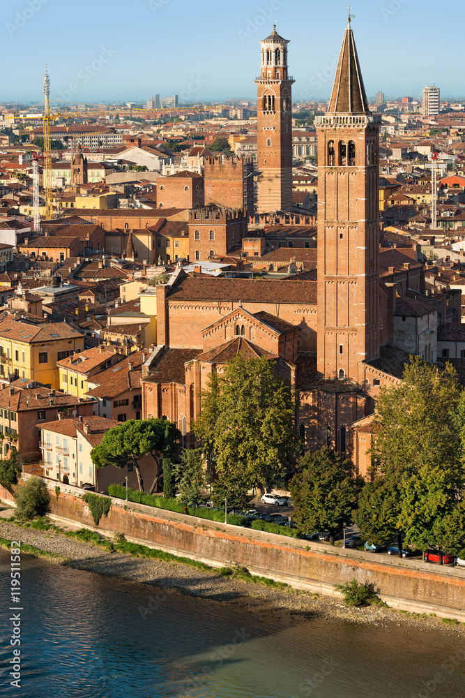 View of Verona with the church of St. Anastasia and the tower of Lamberti - Veneto, Italy