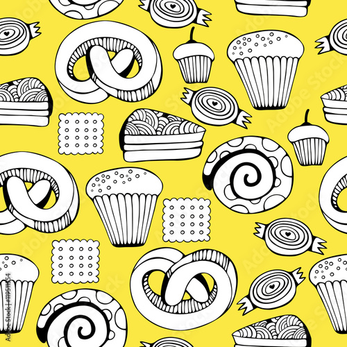 Hand drawn sweets and candies set. Monochrome Vector Seamless Pattern.