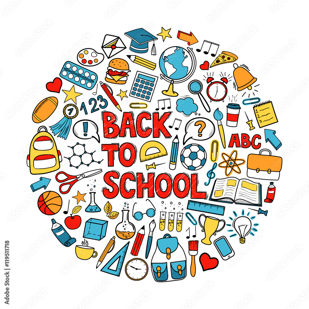 Back to School - sketch doodle set. Various hand-drawn school items arranged as circle on a white background. Vector illustration