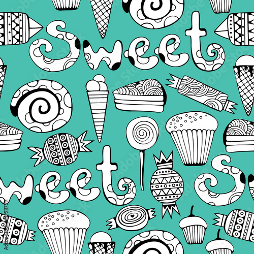 Hand drawn sweets and candies set. Monochrome Vector Seamless Pattern.