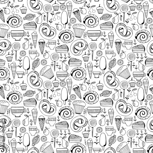 Hand drawn sweets and candies set. Monochrome Vector Seamless Pattern.