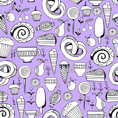 Hand drawn sweets and candies set. Monochrome Vector Seamless Pattern.