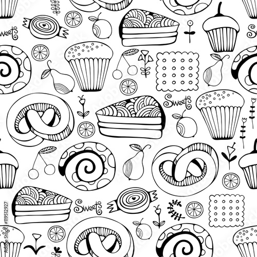 Hand drawn sweets and candies set. Monochrome Vector Seamless Pattern.