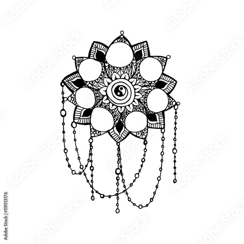 Doodle style monochrome black line art lotus with circles for your design.