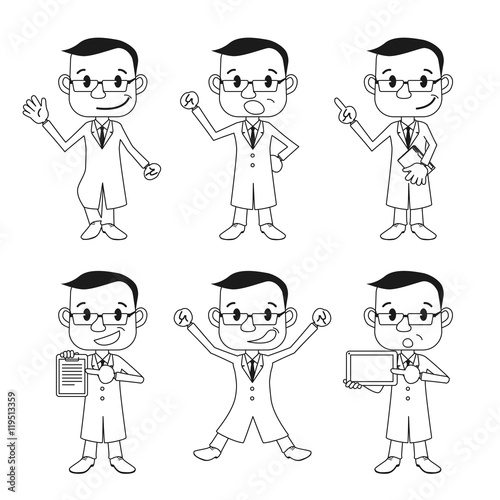 various posing character clip art set, doctor or professor wearing white coat, monochrome line drawing illustration