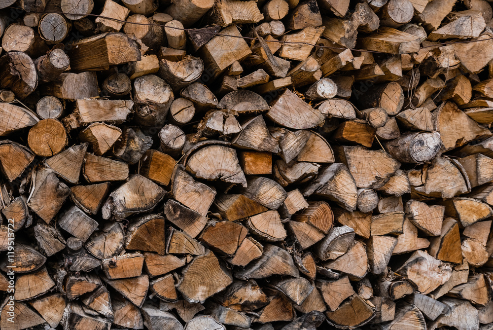 Pile of wood logs storage