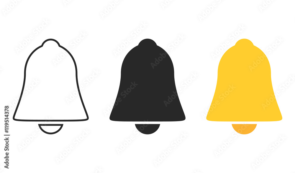 Bell icons isolated on white background. Black and colored bells. Notification symbol. Vector flat icons Bell icons isolated on white background. Black and colored bells. Notification symbol. Vector flat icons