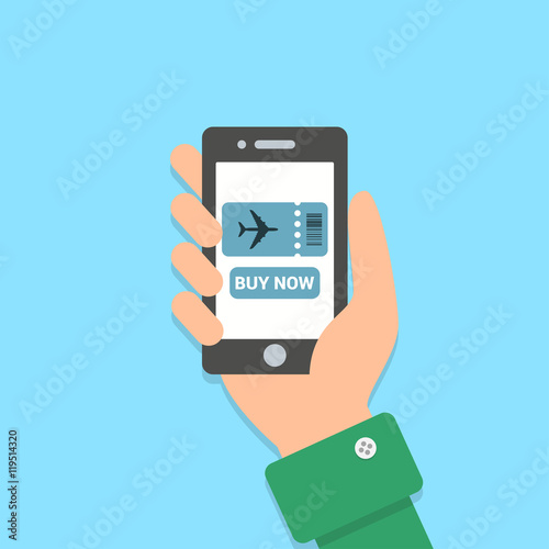 Air ticket vector concept illustration. Person buys a plane ticket. Hand holding a phone