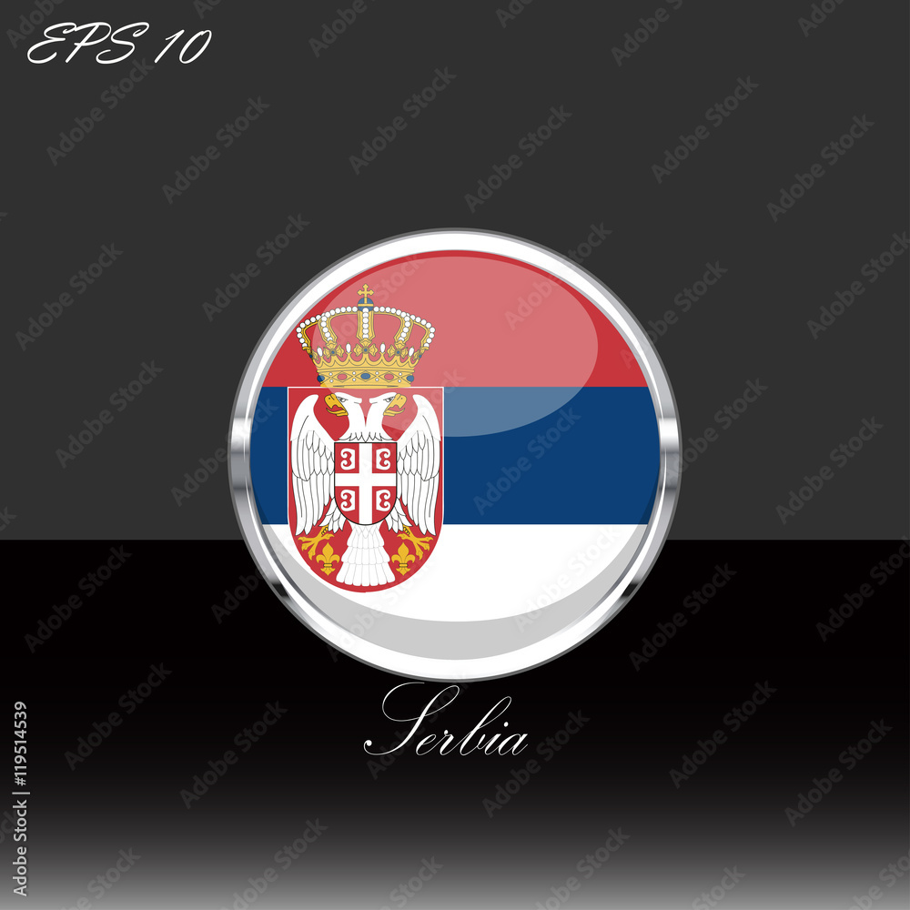 Serbia flag isolated on black background. Serbia flag button in silver chrome ring. Serbia sport competition participant. Web button, language sign, print graphic element Clip art illustration icon
