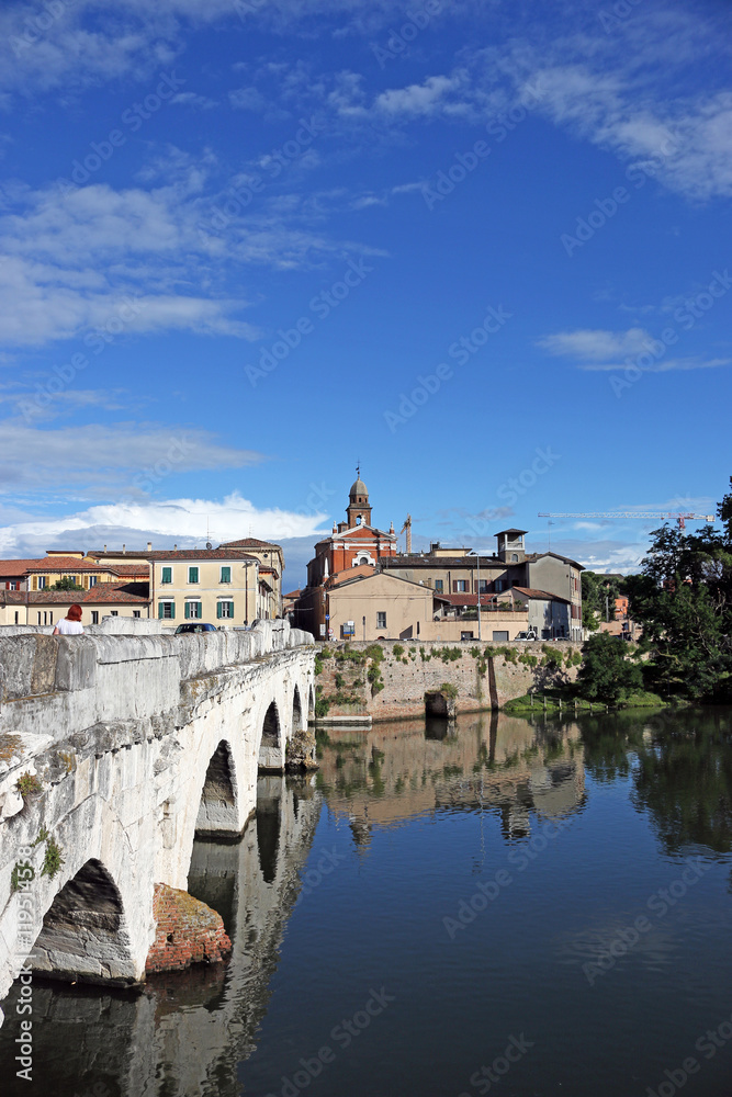 Old town and Tiberius bridge Rimini Italy