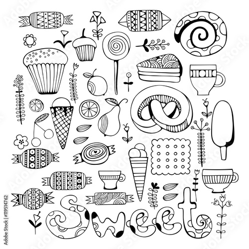 Hand drawn sweets and candies set. Monochrome Vector illustration.
