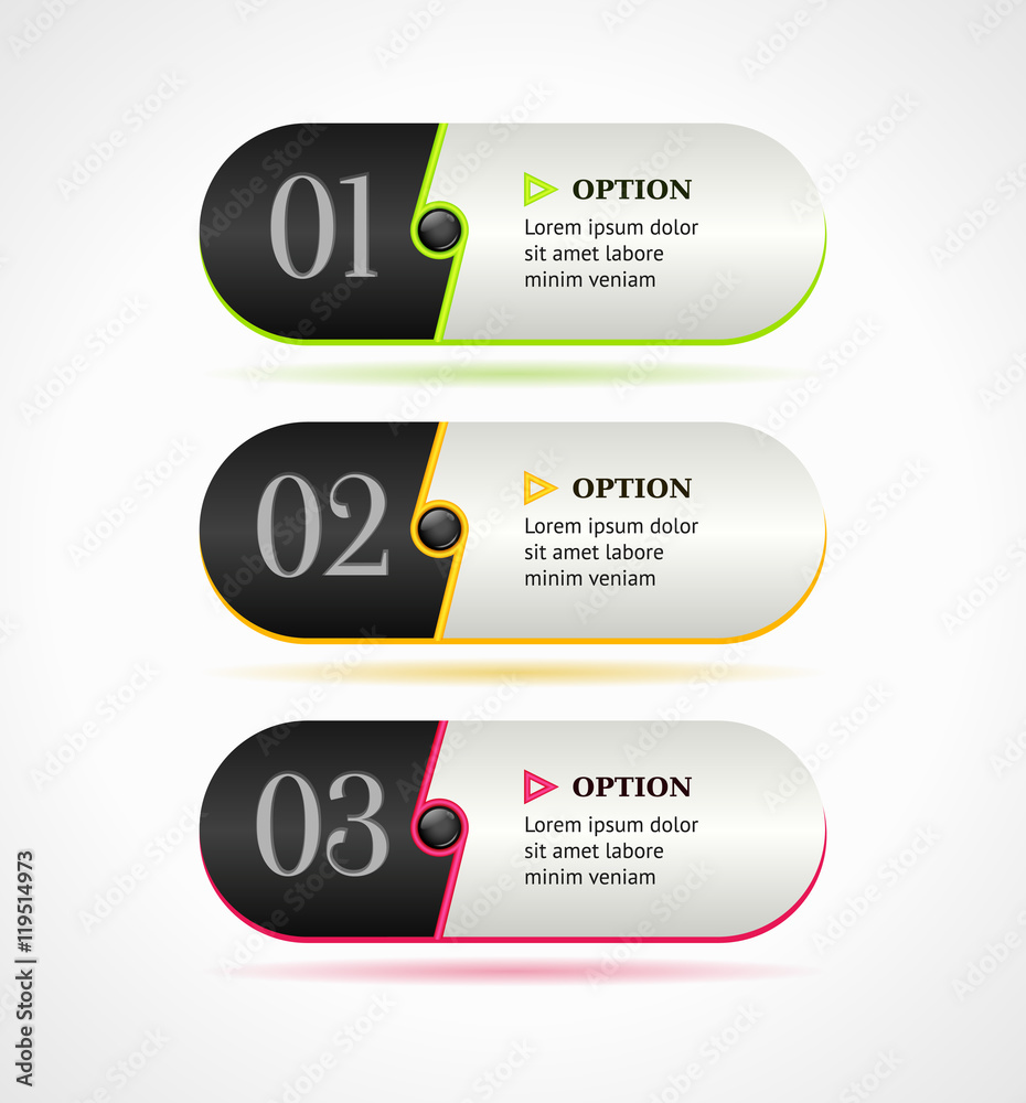 Horizontal black options banners or buttons with color elements