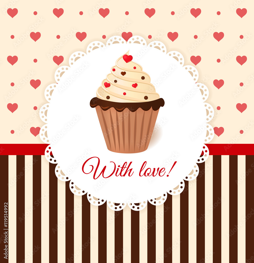 Vintage vector invitation card with hearts and cream cake.
