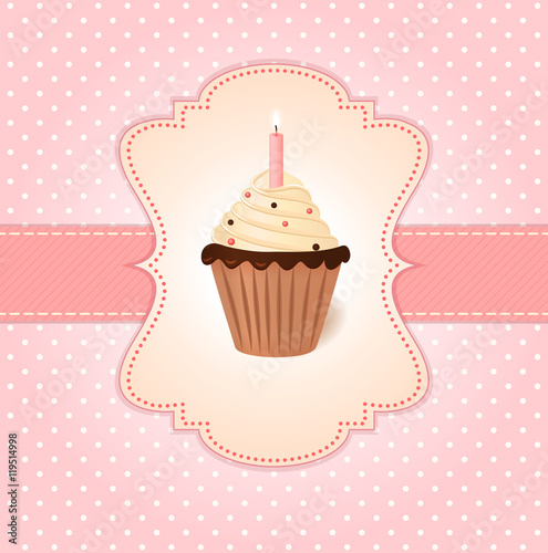 Vintage pink greetings card. Cream cake with candle.