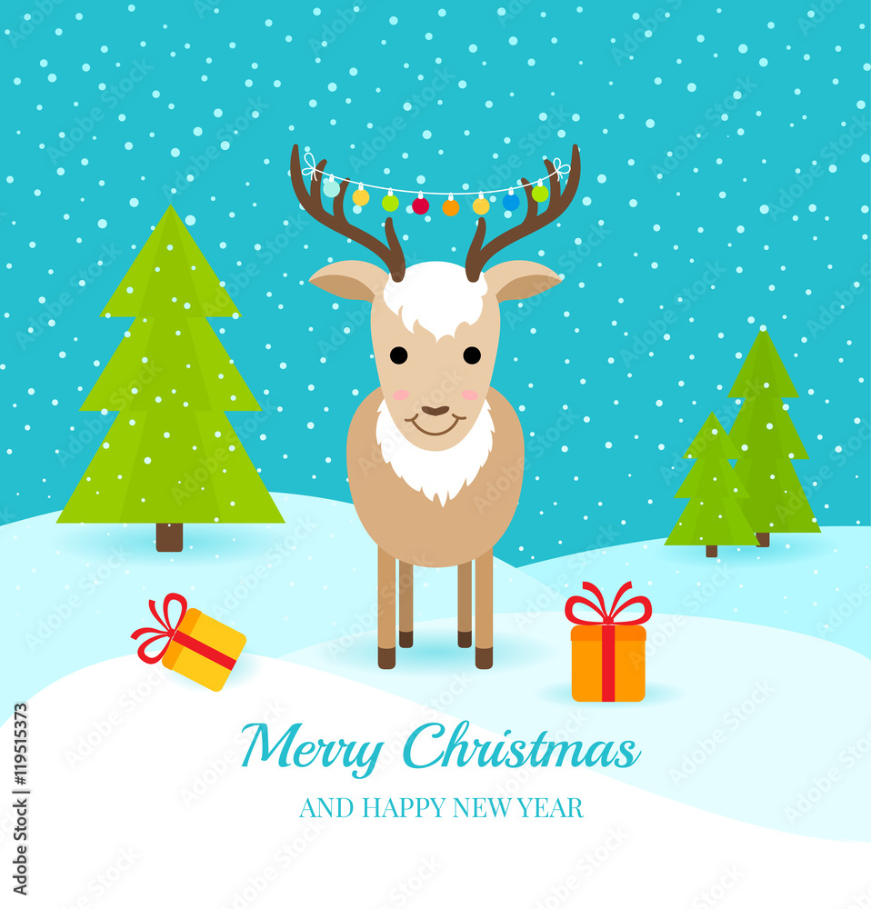 Cute deer with gifts and garland on horns Cute deer with gifts and garland on horns