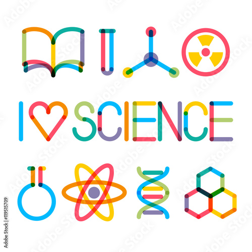 Trendy multiply science icons and phrase "I love science"