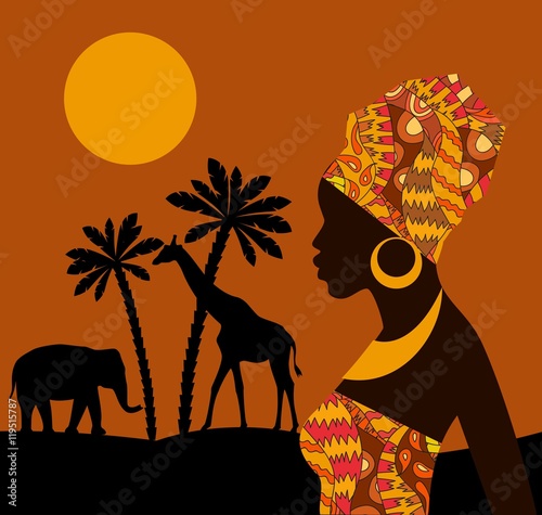 Tropical landscape. Beautiful black woman. African savannah card