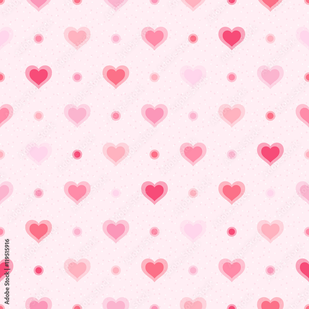 Pink retro seamless pattern. Hearts and dots on textured background