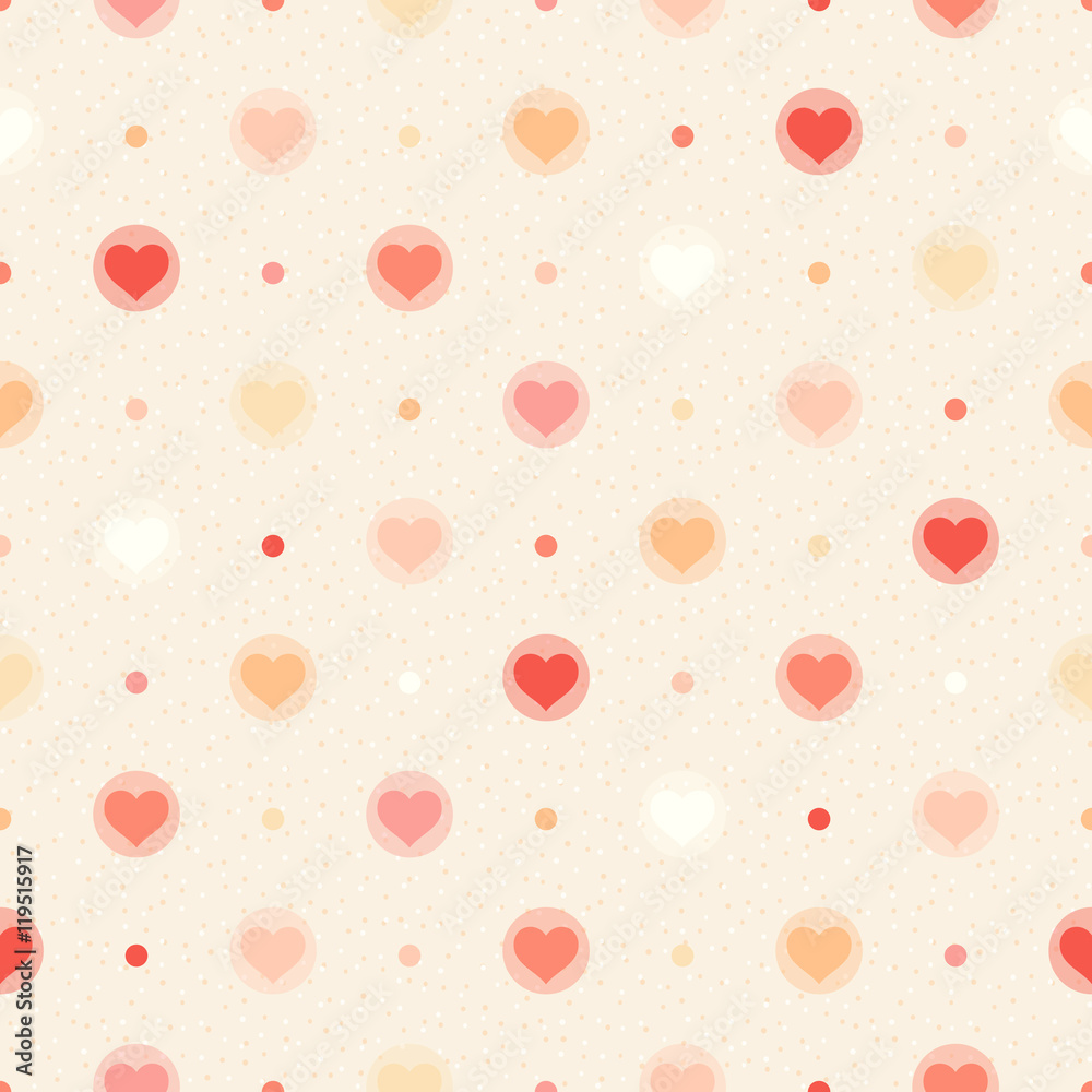 Retro seamless pattern. Color hearts and dots on beige textured background Retro seamless pattern. Color hearts and dots on beige textured background