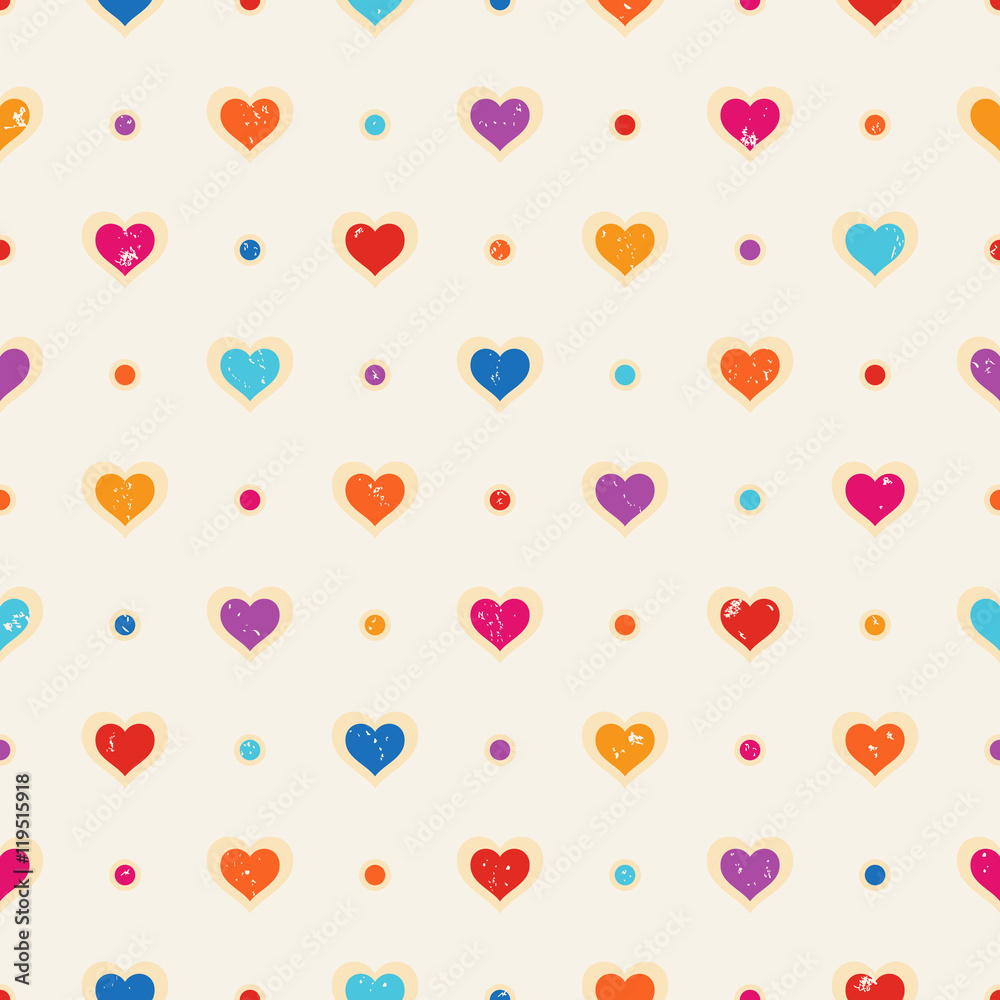 Retro seamless pattern. Color hearts and dots on beige textured background