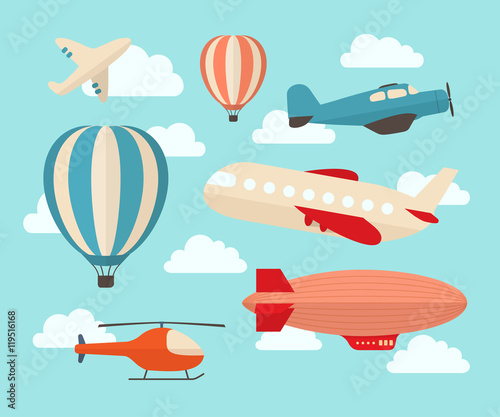 Set of colorful flat air transports