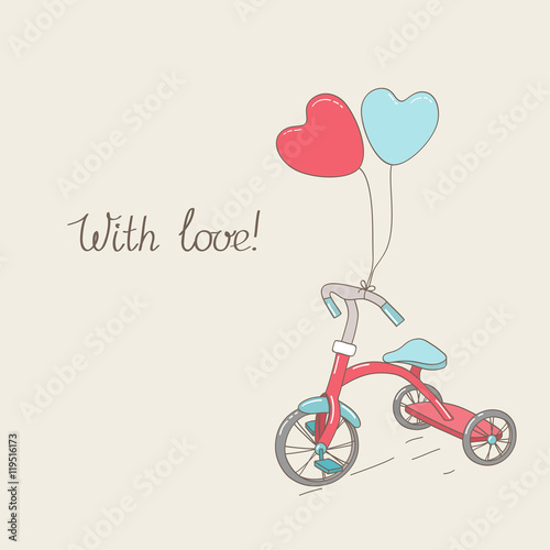 Tricycle and two heart-shaped balloons. Vintage greetings card. Hand written text. photo