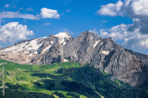 View of Marmolada mountain range and glacier, Dolomites Mountains, Italy