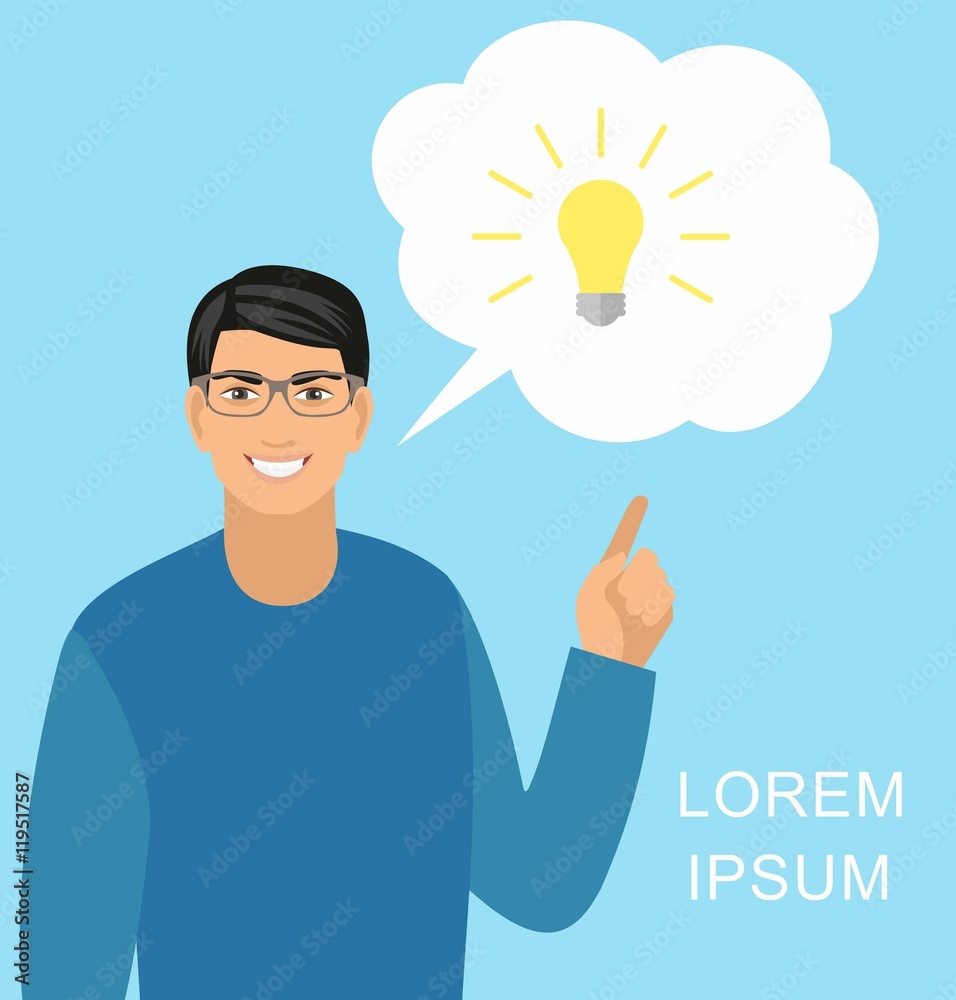 Concept idea. Vector illustration of a creative young businessman pointing at light bulb as a symbol of having an idea
