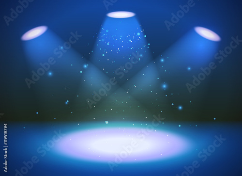 Empty scene with three spotlights on blue background