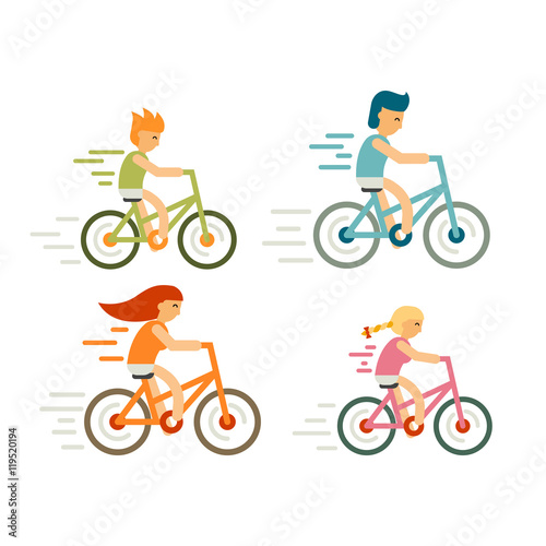 Set of bicycle rider in flat style. Modern family, leisure, holidays and activities, cycle race, distillation, moving. Cyclist man, woman, children, racing cyclist on bike  - stock vector