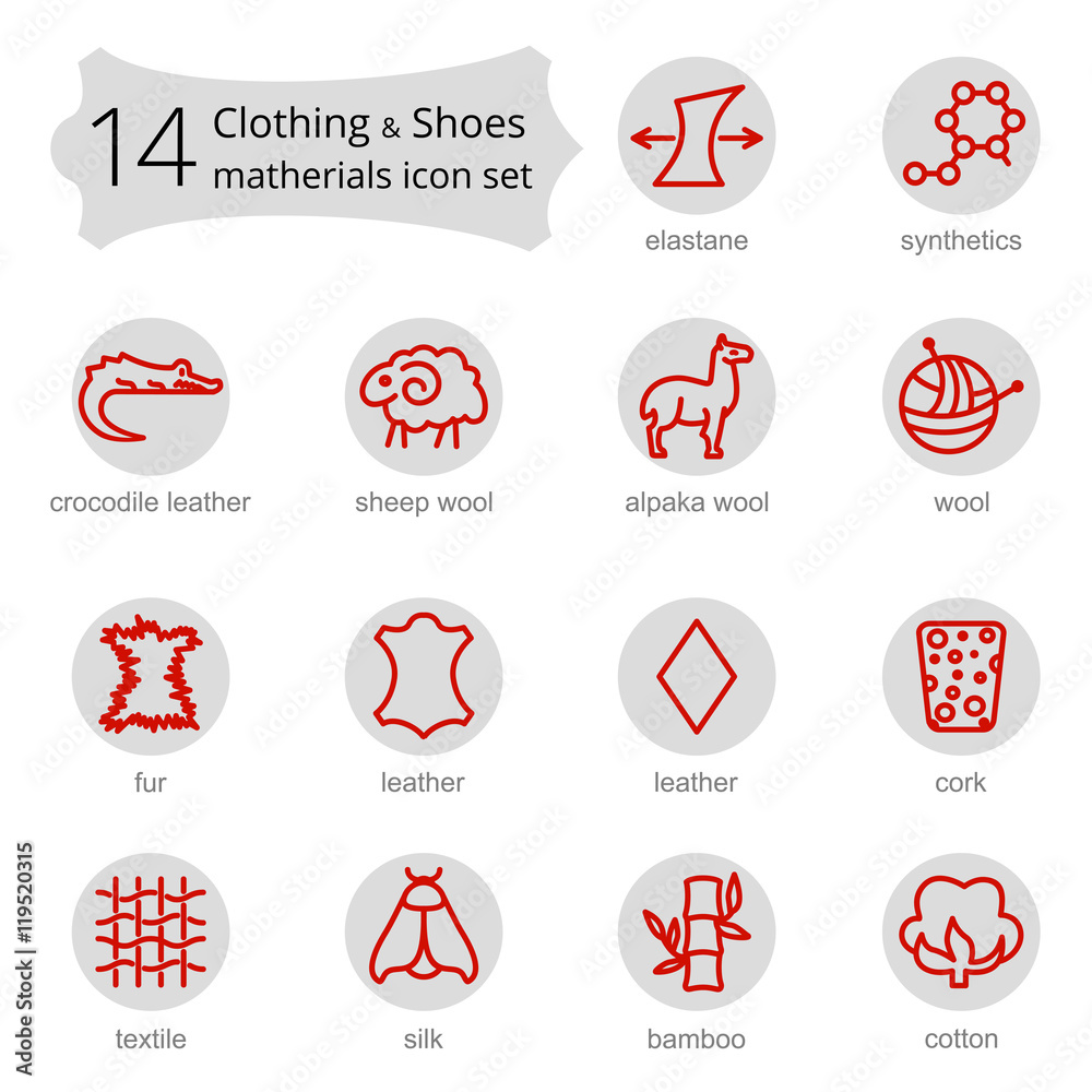 Vector line icons of fabric feature, garments property symbols. Elements - cotton, wool, waterproof, uv protection. Linear wear labels, textile industry pictogram.