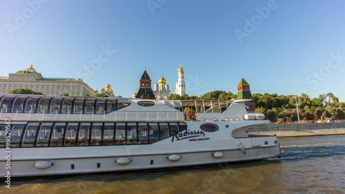 summer day moscow river passenger boat kremlin ride city panorama 4k time lapse russia
