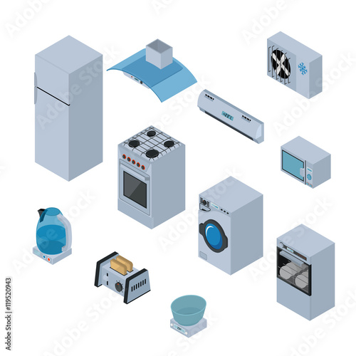 Household appliances isometric icons set with refrigerator, stove, washing machine, dishwasher isolated vector illustration