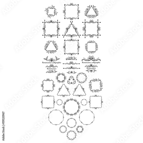 Vintage syle calligraphic set of borders, underscores, scrolling elements, ornate headpiece, page decor, dividers, book design