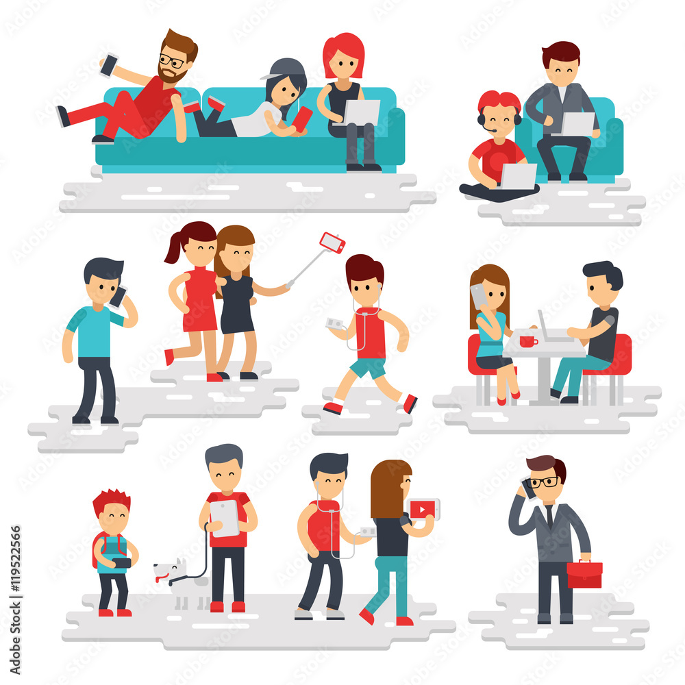 People with gadgets vector flat style isolated on white background. Men and women use phones, smartphones, tablets, laptops. Happy people and devices, gadget addiction flat illustration - stock vector People with gadgets vector flat style isolated on white background. Men and women use phones, smartphones, tablets, laptops. Happy people and devices, gadget addiction flat illustration - stock vector