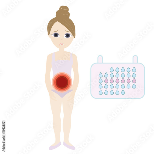 woman critical days, menstruation cycle, great for health concept. menstrual pain character girl