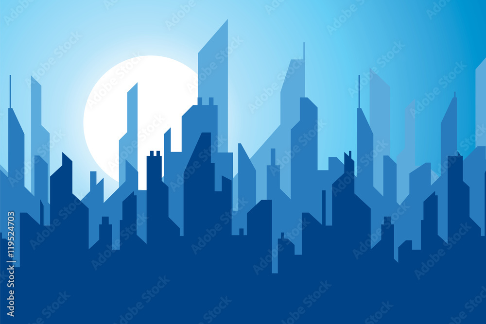 Night city in flat style, modern town, towers and skyscrapers, urban skyline, vector design