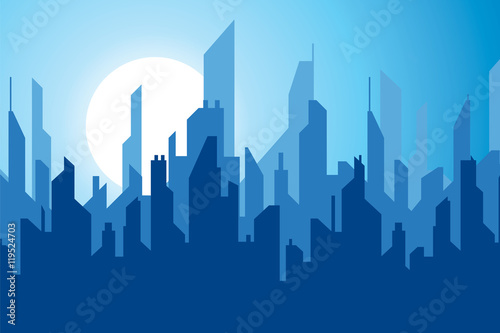 Night city in flat style  modern town  towers and skyscrapers  urban skyline  vector design