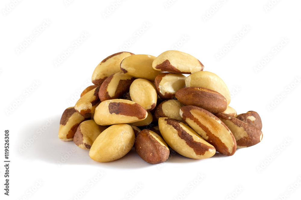 Brazil nut. Front view. White background. Selective focus. Brazil nut. Front view. White background. Selective focus.
