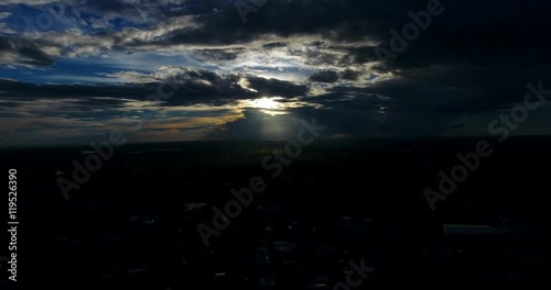 aerial flying  with cityscape sunset view