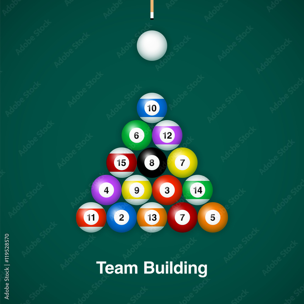 Placed billiard balls on table with cue on green table background. Team building concept design. Placed billiard balls on table with cue on green table background. Team building concept design.