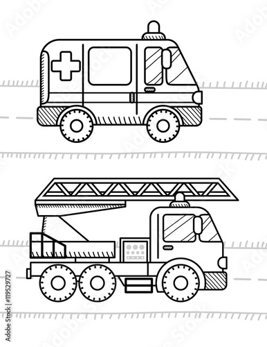 Cars and vehicles coloring book for your kids. Ambulance, Fire T